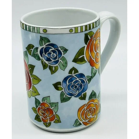 Dansk Danika Rose Coffee Mug Orange Blue Red Roses 4 inch 10 ounce 2015 Lot of 2 - Picture 4 of 11